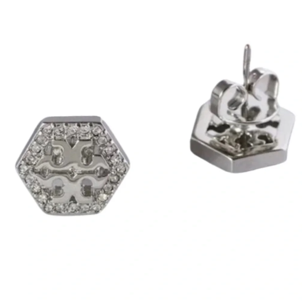 TORY BURCH • Silver Hexagon Crystal Logo Earrings